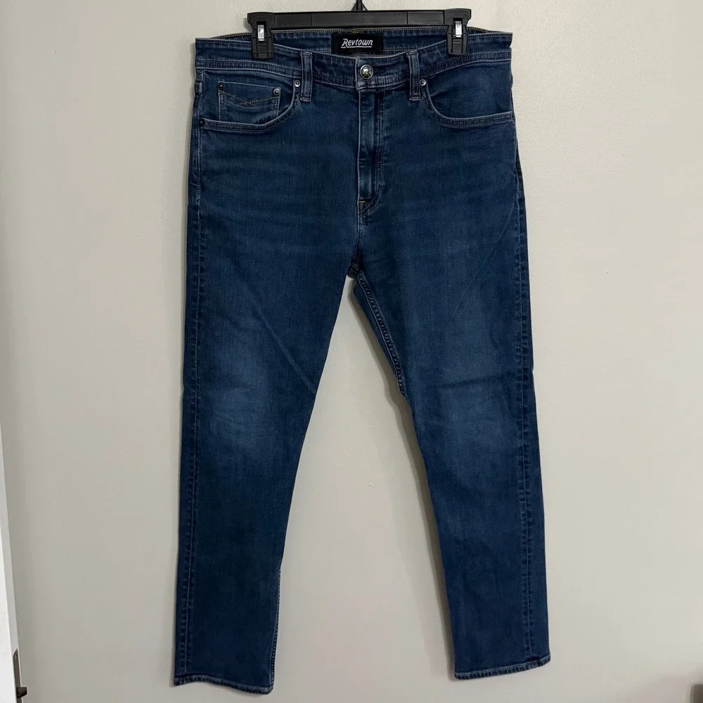 Revtown Mens 34x30 Dark Wash Slim Taper Fit Stretch Denim Blue Jeans